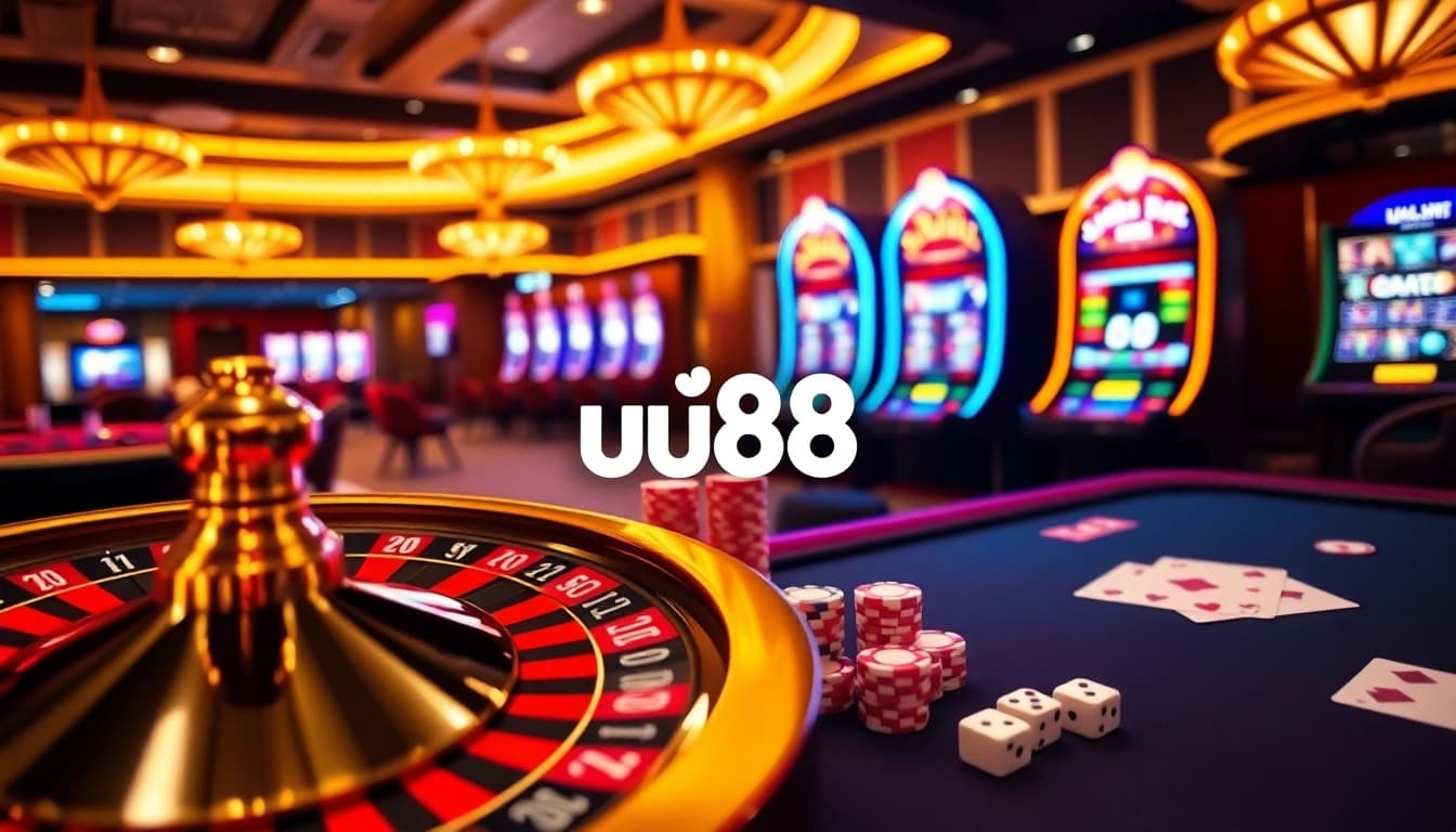 Experience high-stakes gaming excitement at uu88 with vibrant casino elements like poker chips and roulette.