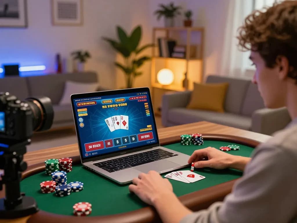 Engaging online gambling scene at https://f168.sarl/ with player immersed in poker strategy.