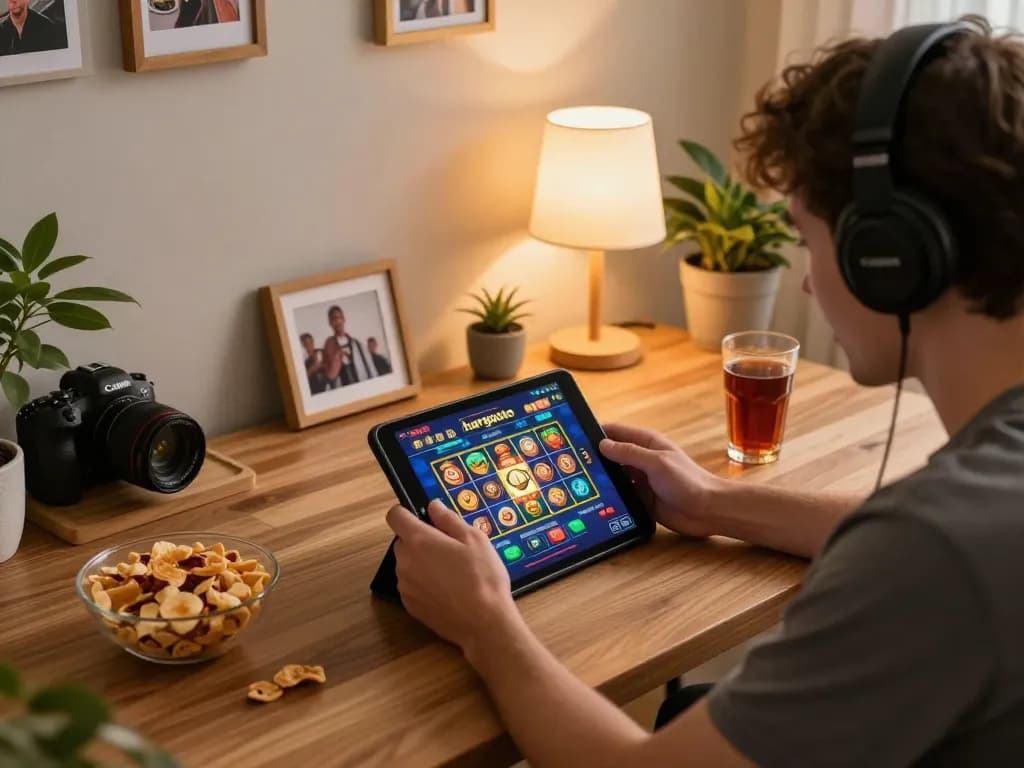 Pemain berinteraksi dengan hargatoto slot di tablet dalam suasana rumah yang nyaman.