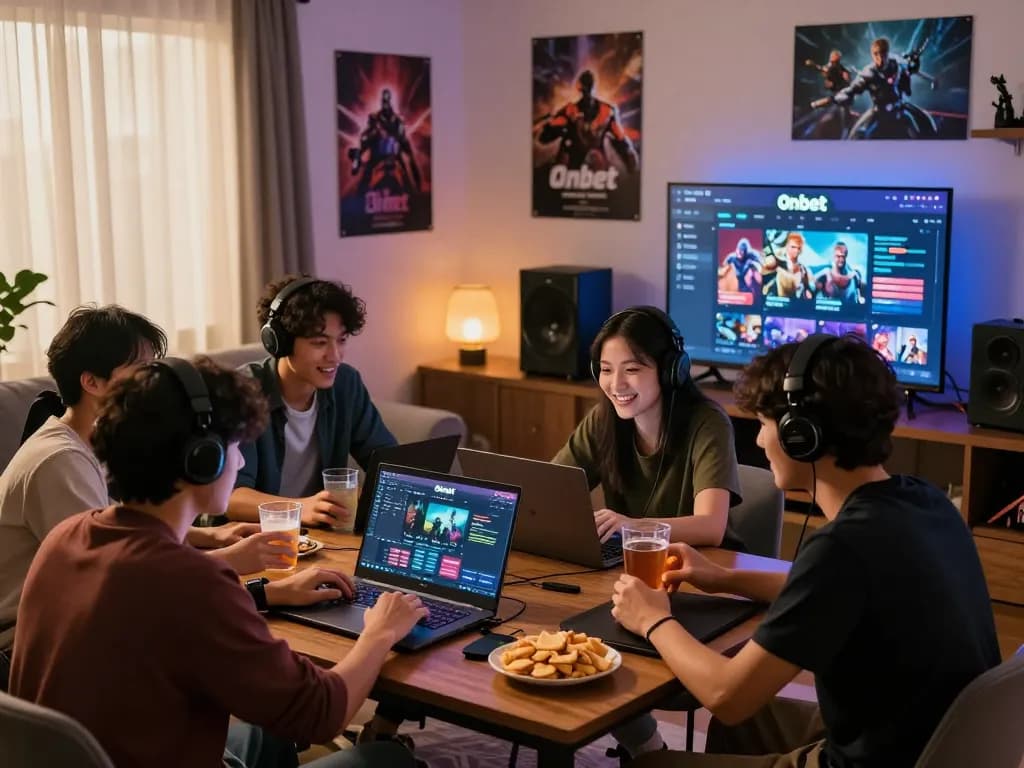 Friends enjoying Onbet gaming session in a cozy living room, highlighting excitement and interaction.