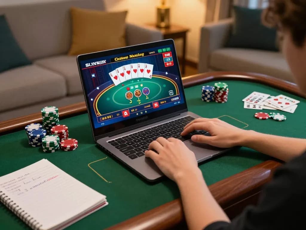 SUNWIN online casino setup with poker gameplay on screen, showcasing responsible gaming elements.