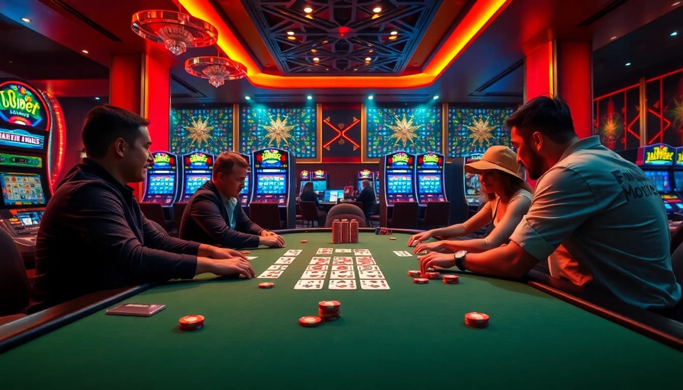 Players enjoying a thrilling poker game at a 188bet casino table, showcasing excitement and luxury.