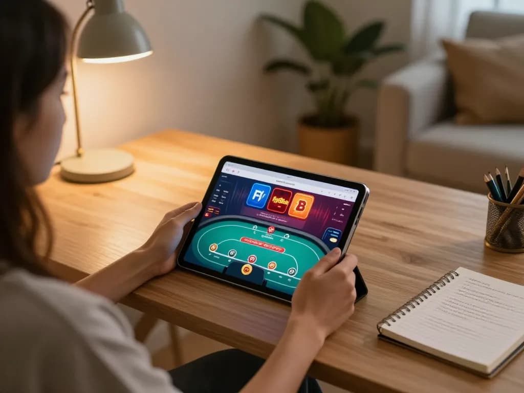 Engaging in mobile gaming with fly88mb app on a tablet while analyzing strategies.