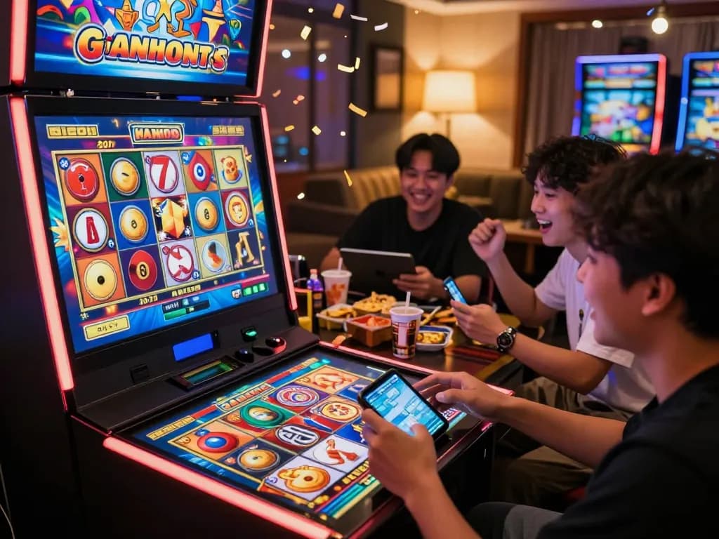 Permainan slot gacor yang mendebarkan dengan pemain merayakan kemenangan di lingkungan permainan yang nyaman.