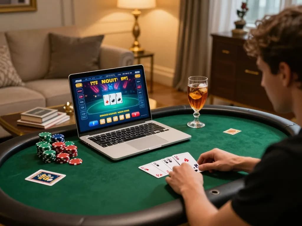 Engaging player focused on a slot dewa game while enjoying a cozy home environment.