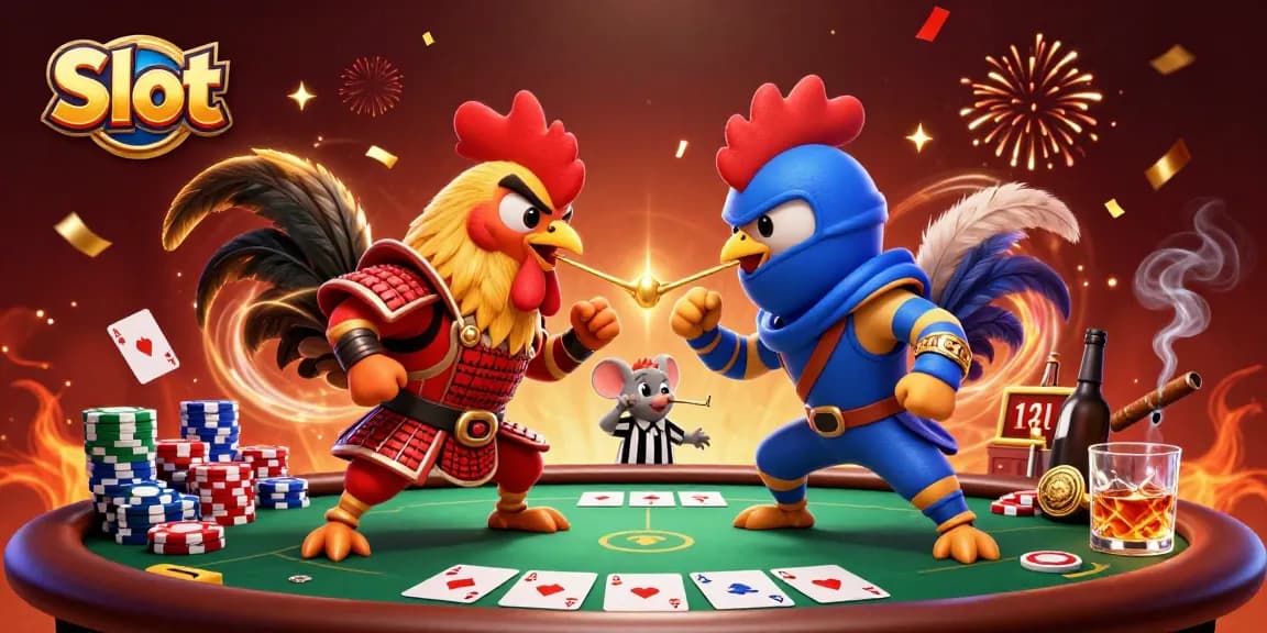 Engage with thrilling Slot games featuring dynamic roosters in a colorful casino battle.