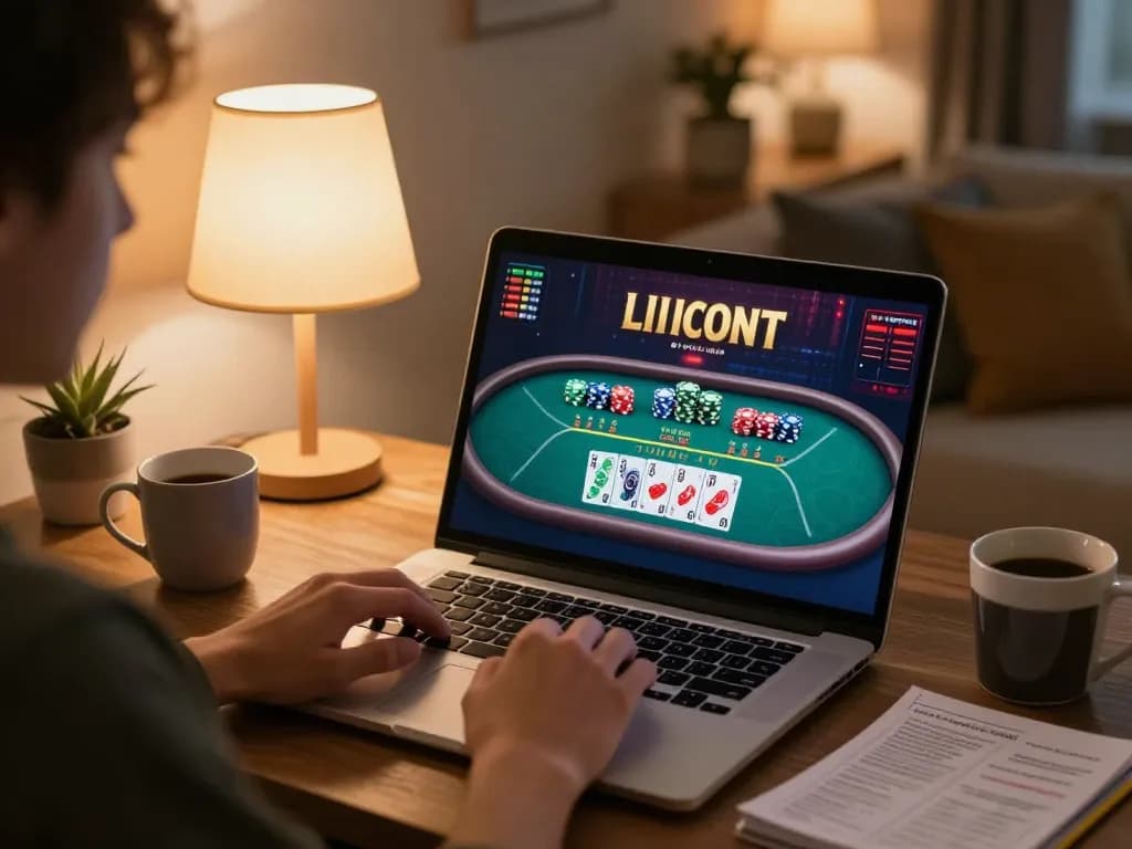 Play with Litecoin in a warm home setting, enjoying online poker at a laptop