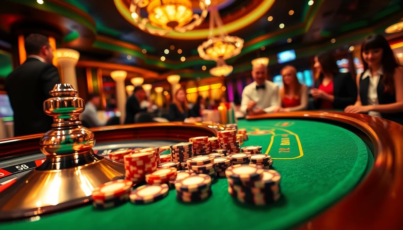 SODO casino enthusiasts enjoying a thrilling game at the vibrant roulette table with poker chips.