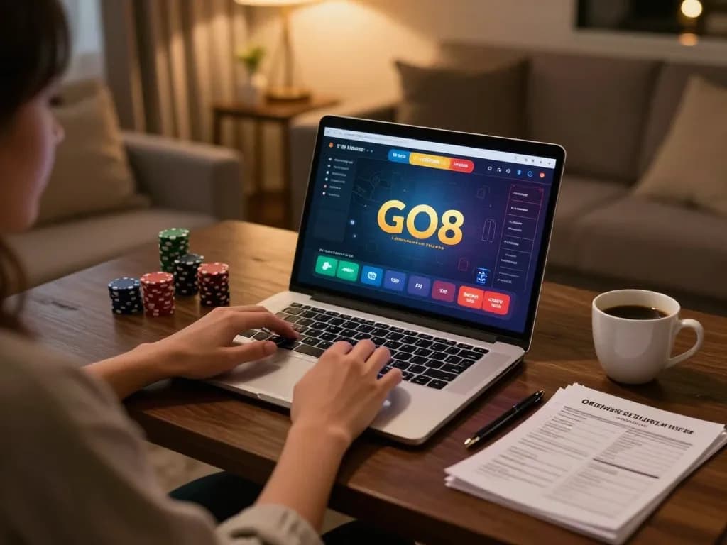 Engaging with GO8 gaming interface on a laptop showcasing responsible gambling strategies in a cozy setting.