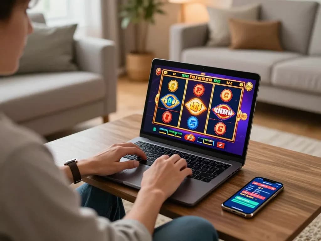 Engaged in slot gaming on laptop at home, with FC88 mobile app for banking options