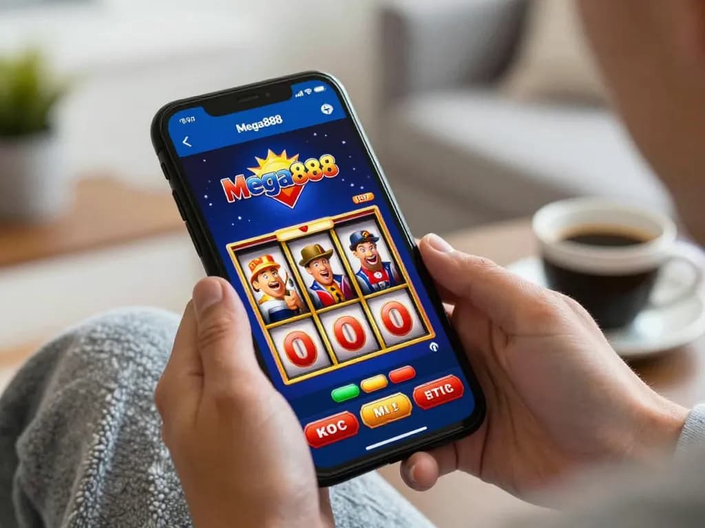 Playing Mega888 iOS app on mobile device with spinning slot reels and excited player expression.