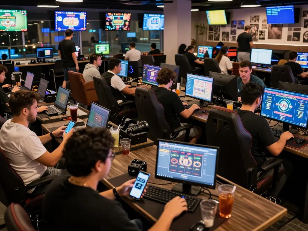 Players enjoying engaging games on RIKVIP at a lively online gaming café