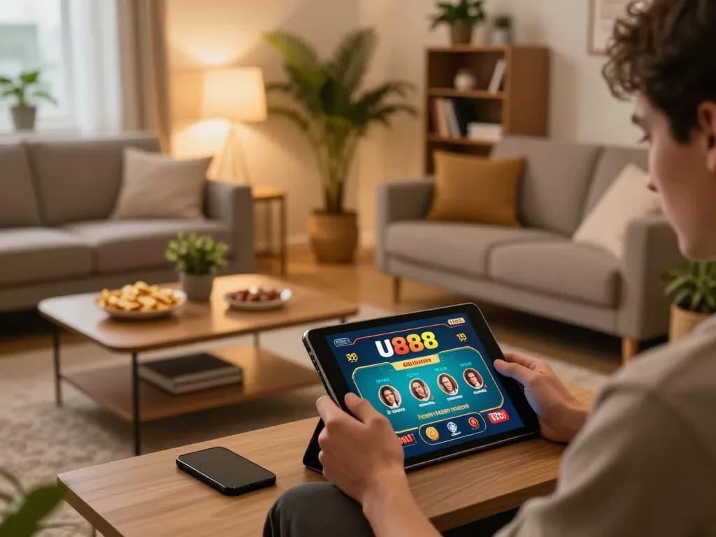 Player enjoying U888 online poker on a tablet in a cozy home setting, promoting responsible gaming.