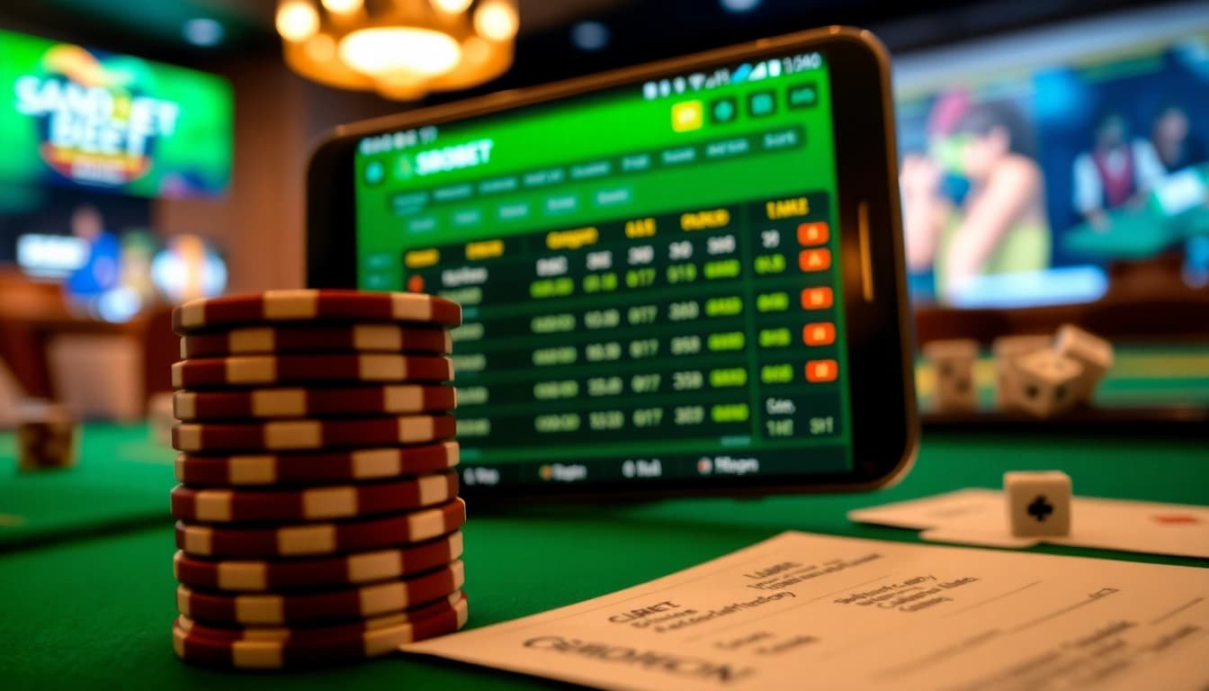 SBOBET betting interface on a smartphone amidst poker chips and betting slips, showcasing online gambling excitement.