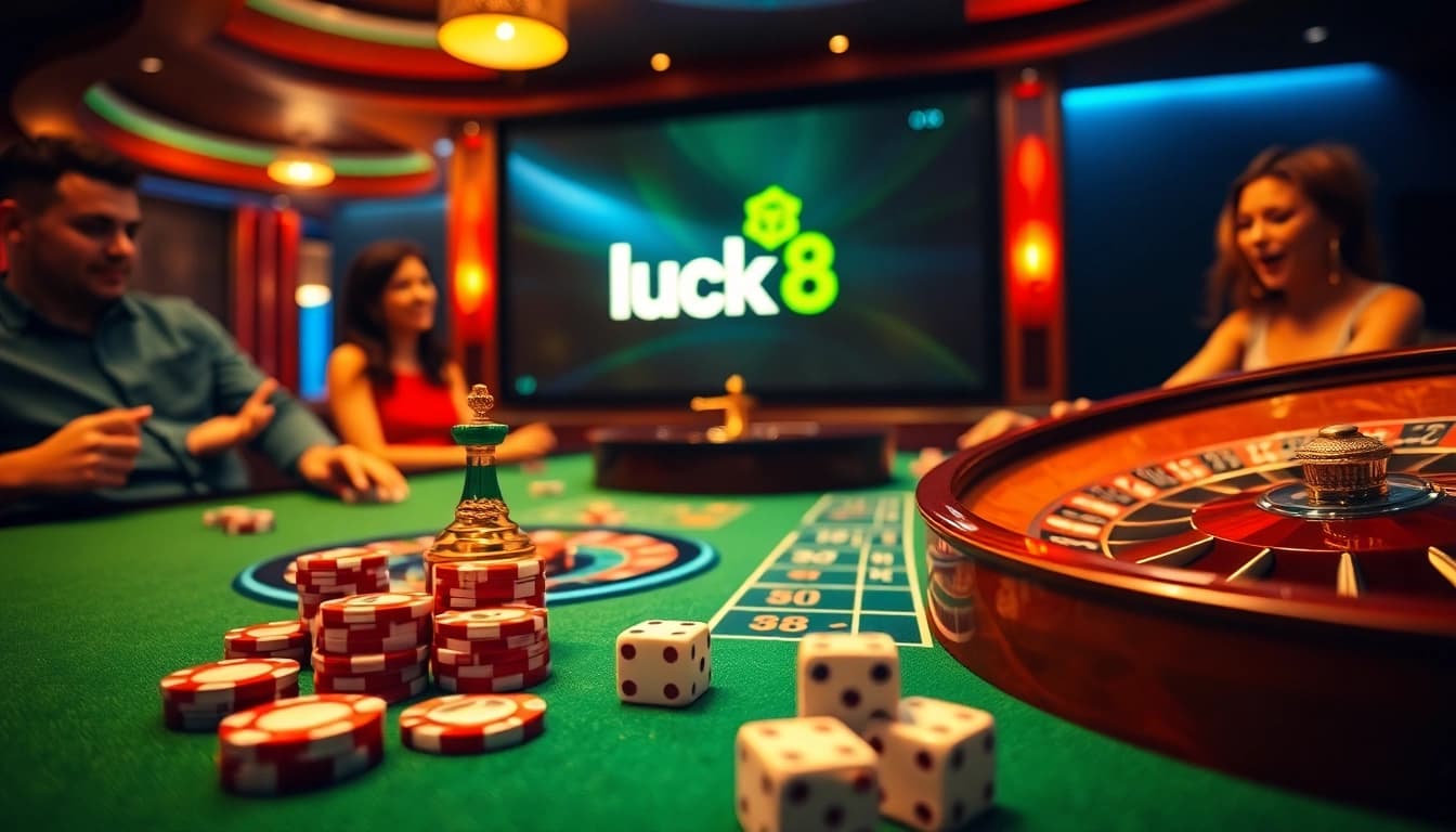 Exciting game action at luck8's luxurious casino tables with poker chips and roulette wheel.
