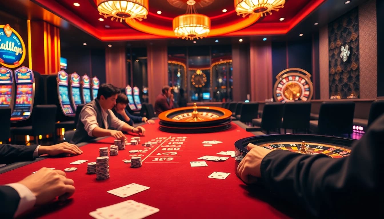 Experience thrilling gambling action at https://vin88ac.com/ with a vibrant casino table, poker chips, and roulette wheel.