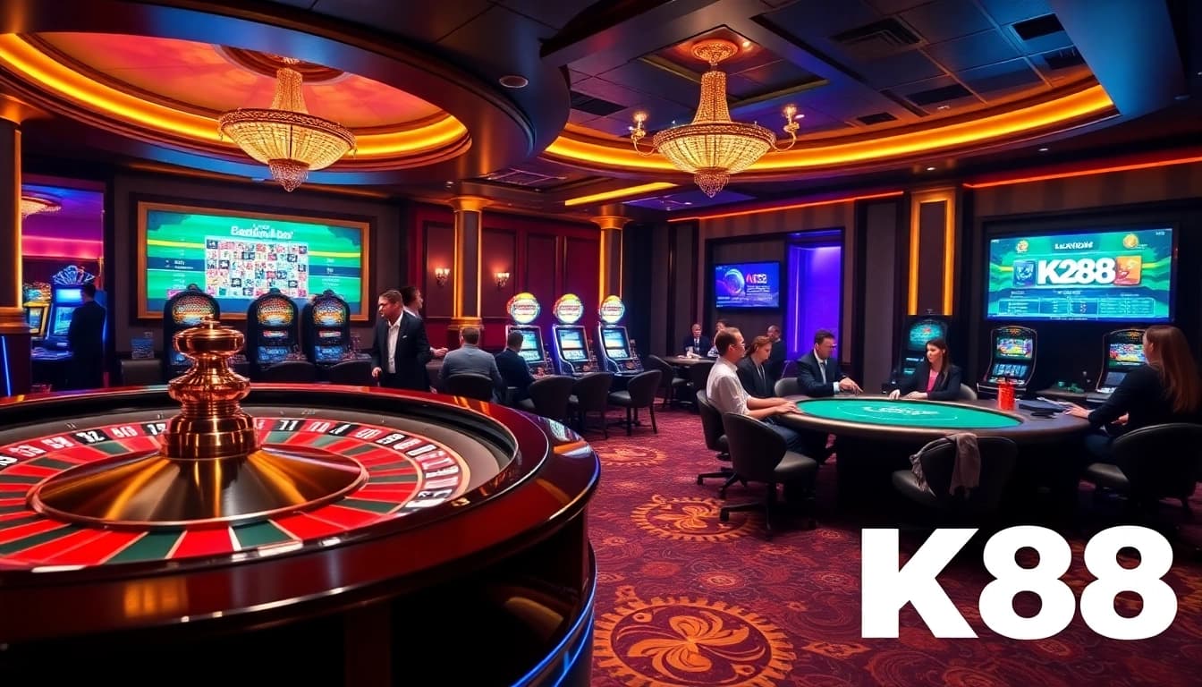 K88 casino players enjoying a thrilling game at roulette with colorful chips and vibrant atmosphere.