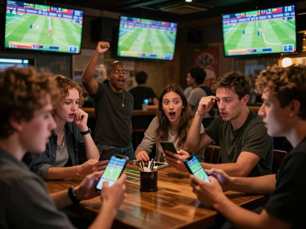 Engaging moment as sports fans utilize their smartphones for tỷ lệ kèo bóng đá trực tuyến betting during a live match in a vibrant bar setting.