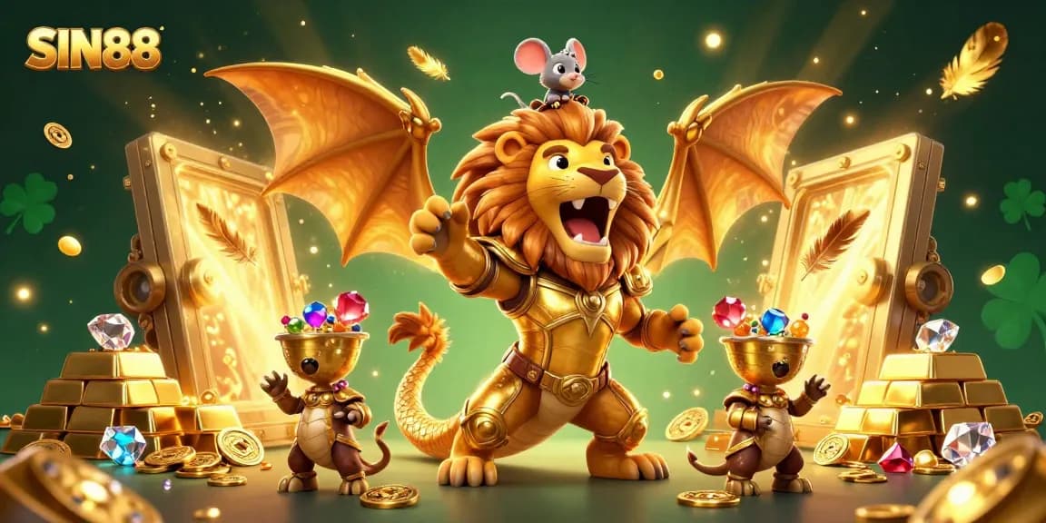 SIN88 captivates players with a vibrant and dynamic 3D casino scene filled with treasures, chimera, and excitement