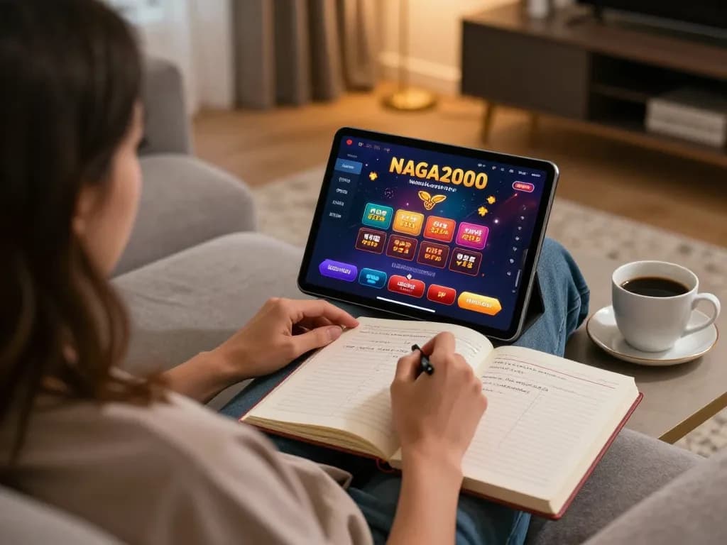 NAGA2000 offers an engaging online gaming experience with a player enjoying gameplay on a tablet in a cozy setting.
