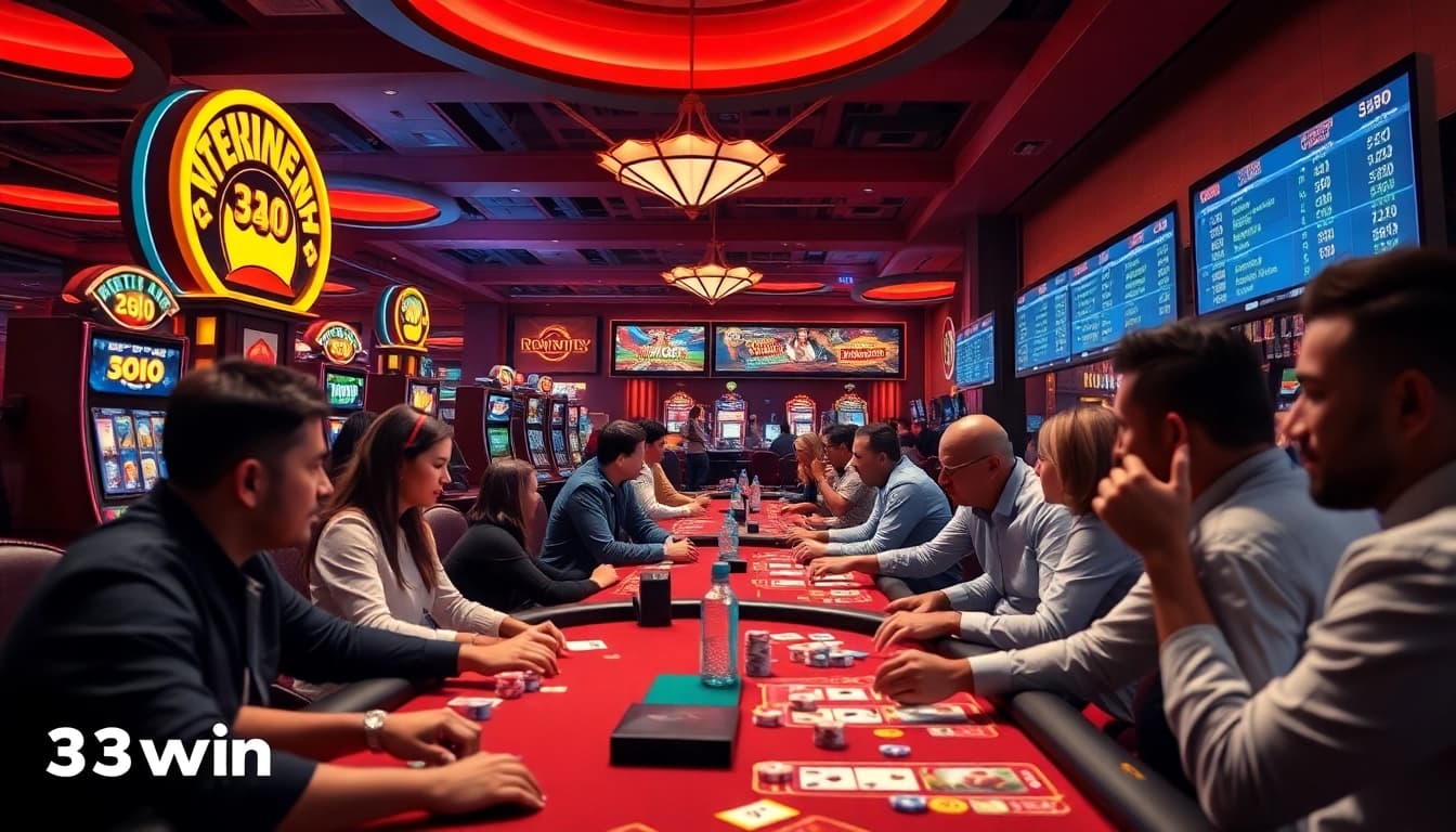 33win online casino players enjoying various games in an energetic atmosphere.