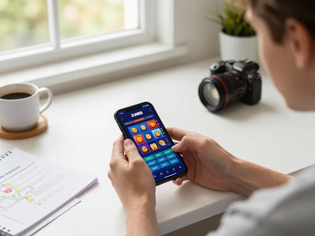 Player using JUN88 casino app on smartphone for responsible gaming in modern home setting.