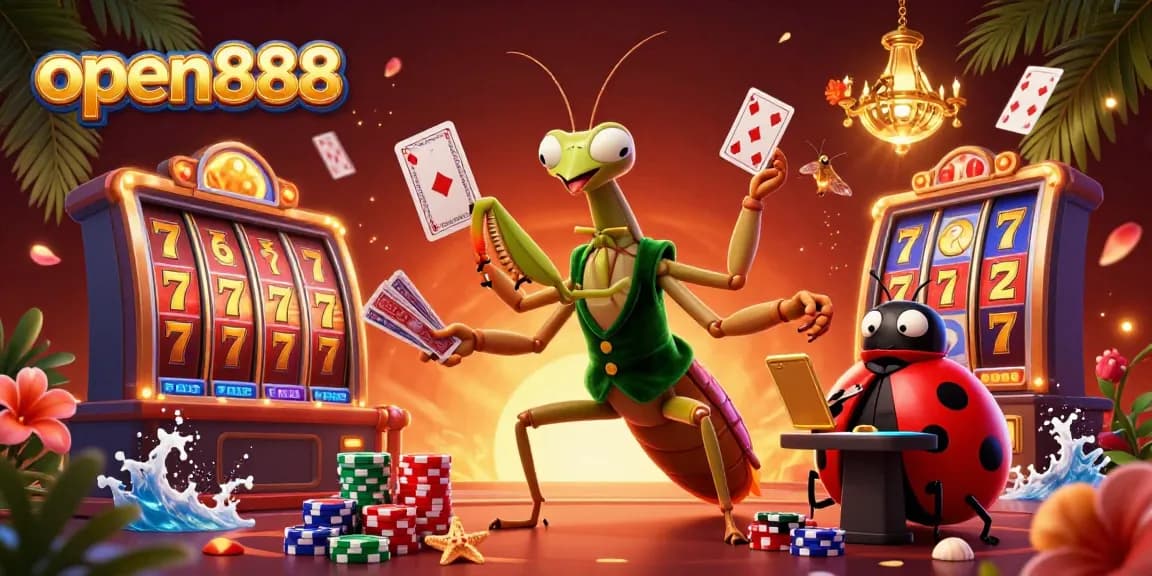 Experience the thrill of open888 casino gaming with a vibrant illustration featuring dynamic characters and lively elements.