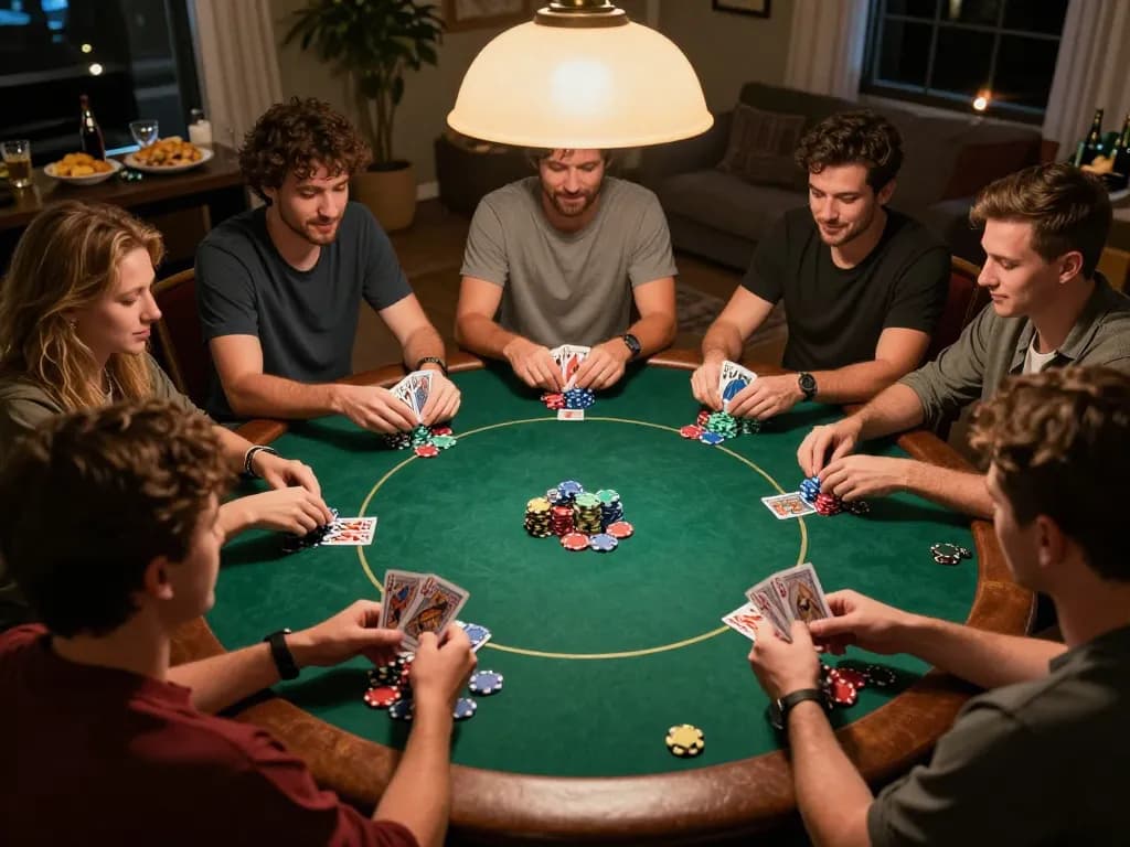 Players enjoy an engaging poker night at home, creating excitement around F8BET strategy.