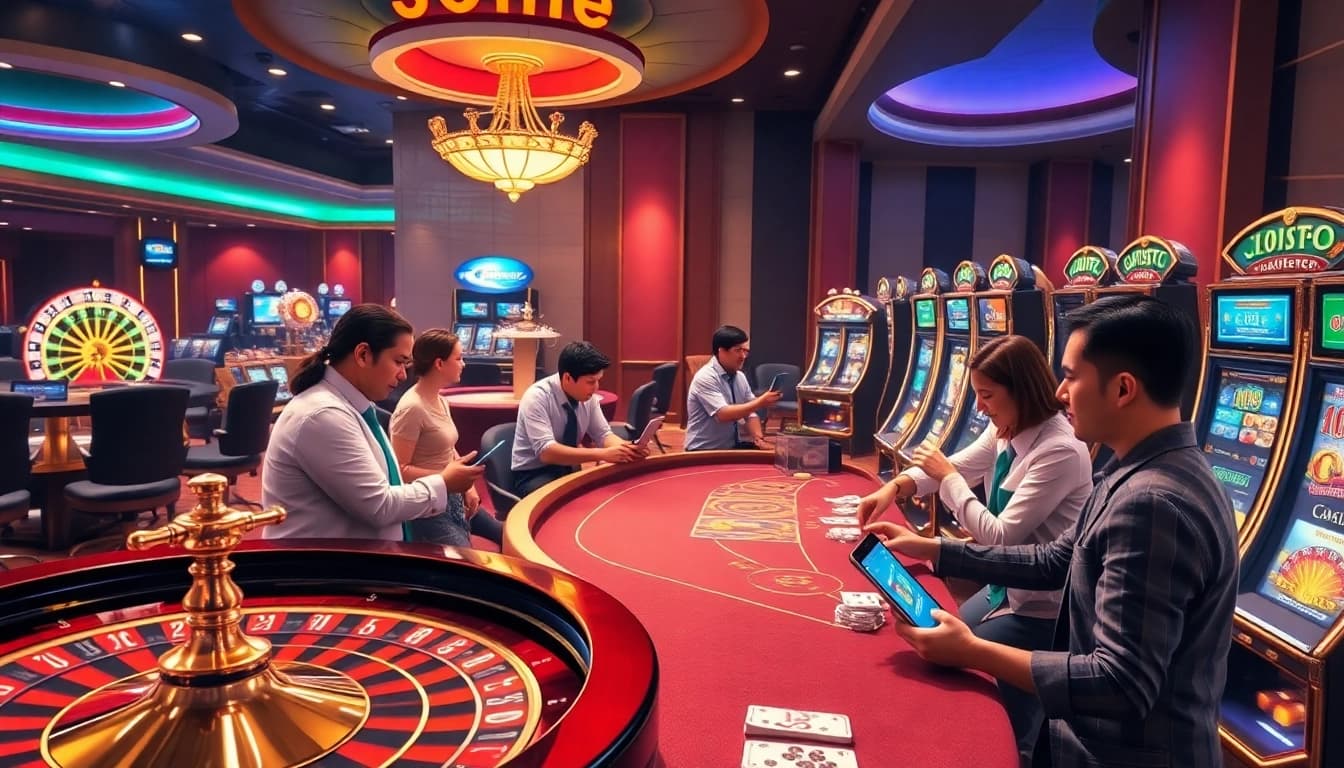 Exciting gameplay at web Soibet featuring a luxurious online casino with poker tables and roulette.