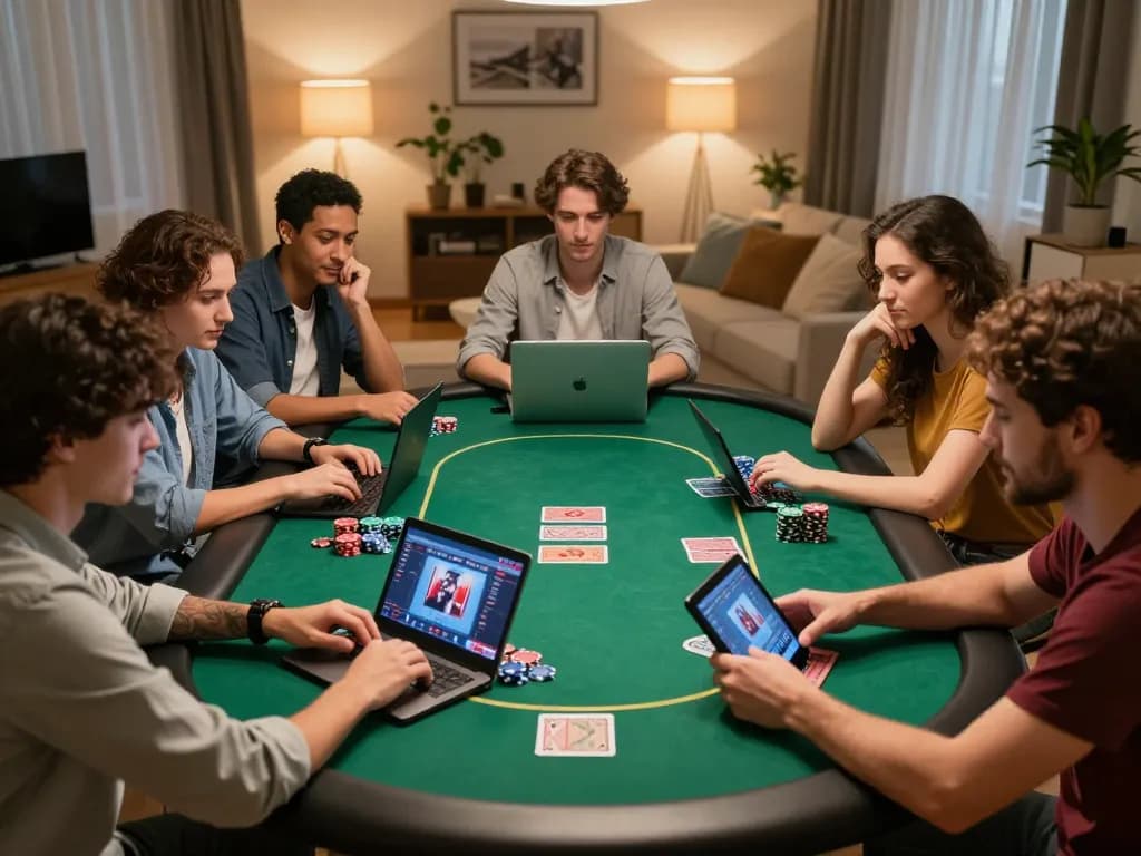 Friends enjoying online poker at home through https://rr88.navy/ in a cozy, modern setup