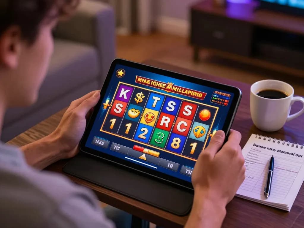 Player enjoying kp88 slot game on tablet, celebrating winning combinations in cozy setting.