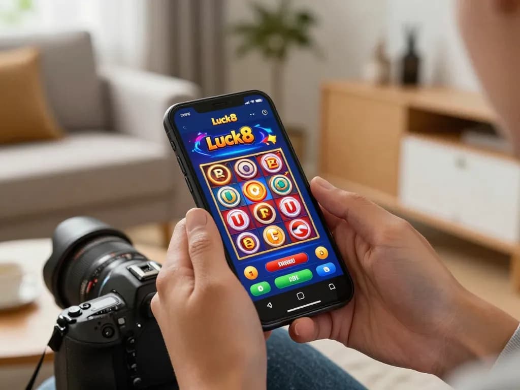 Experience luck8 gaming excitement on a smartphone with vibrant reels spinning.