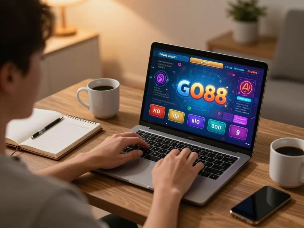 Enjoying GO88 online casino gaming through a laptop in a cozy, inviting home office.