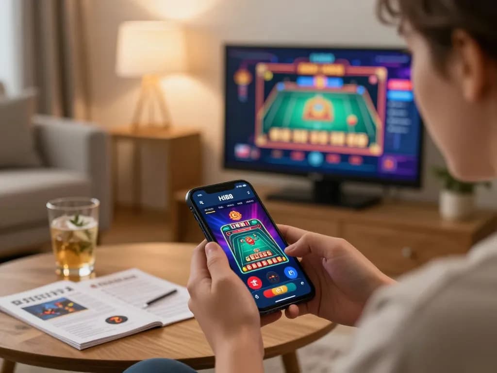 Engaging with the Hi88 mobile app, showcasing dynamic gameplay in a cozy home setting.