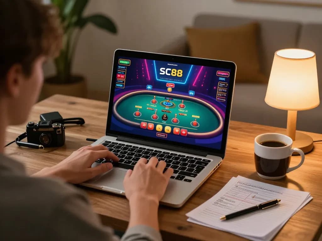 Engaging online gaming moment at SC88 casino, showcasing player’s focus on laptop screen displaying live dealer gameplay