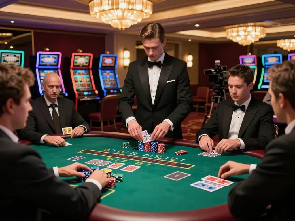 Players enjoying strategic gameplay at a blackjack table in a luxurious casino, showcasing the ww88com experience.