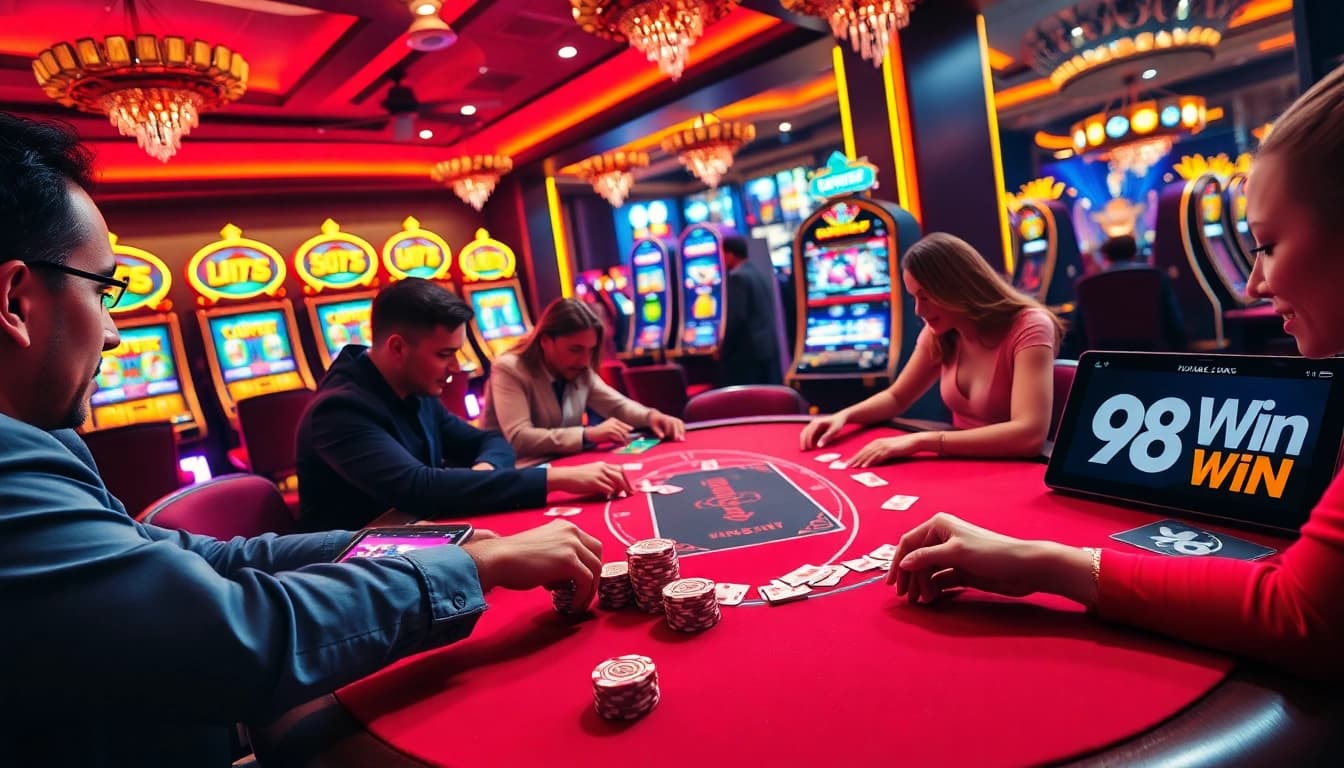 Experience thrilling poker action at 98Win's luxurious casino setting with stunning chips and cards.