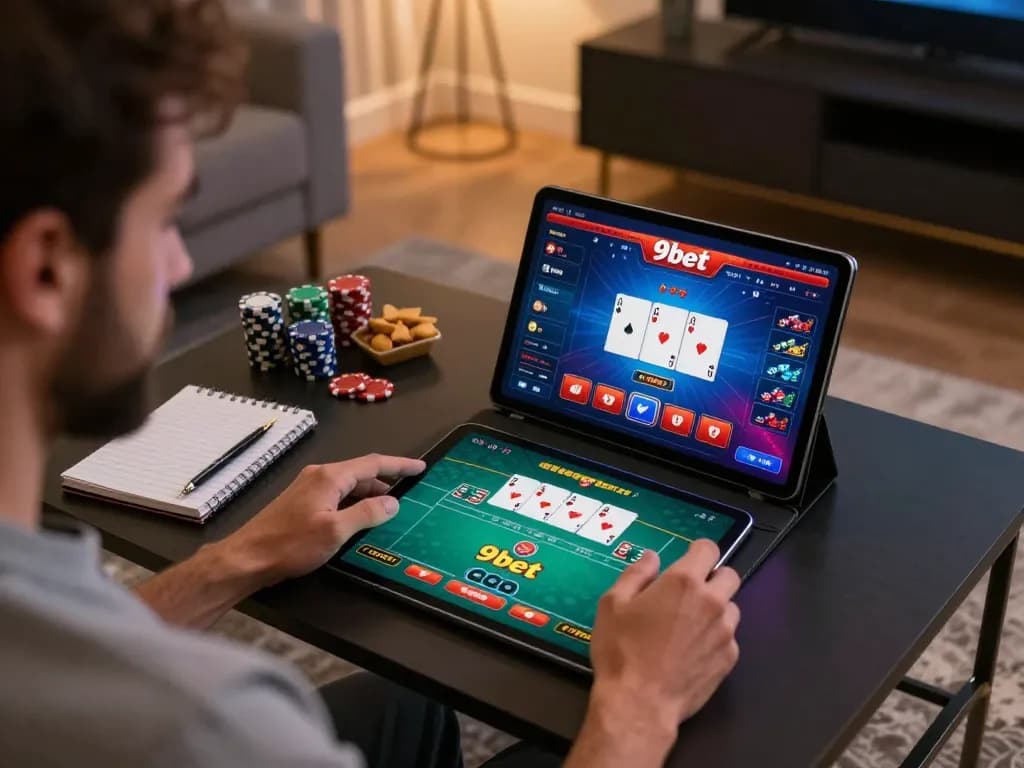 Player engaged in 9bet online casino gaming with a tablet, showcasing vibrant poker interface and strategic notes