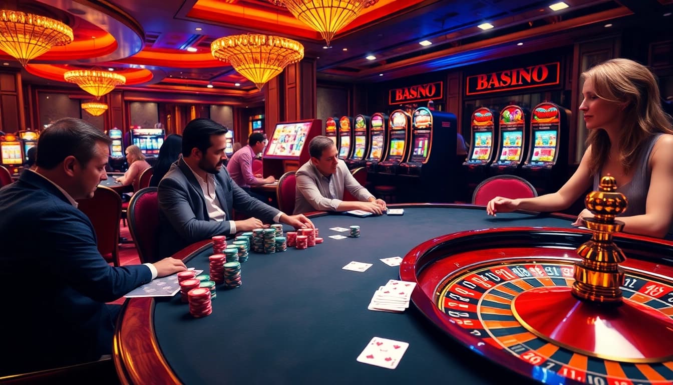 Experience excitement at https://f1686s.com/ with players engaging in poker and roulette in a luxury casino setting.