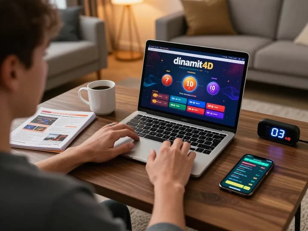 Engaged player explores dinamit4d casino on laptop, showcasing strategic gameplay at home.