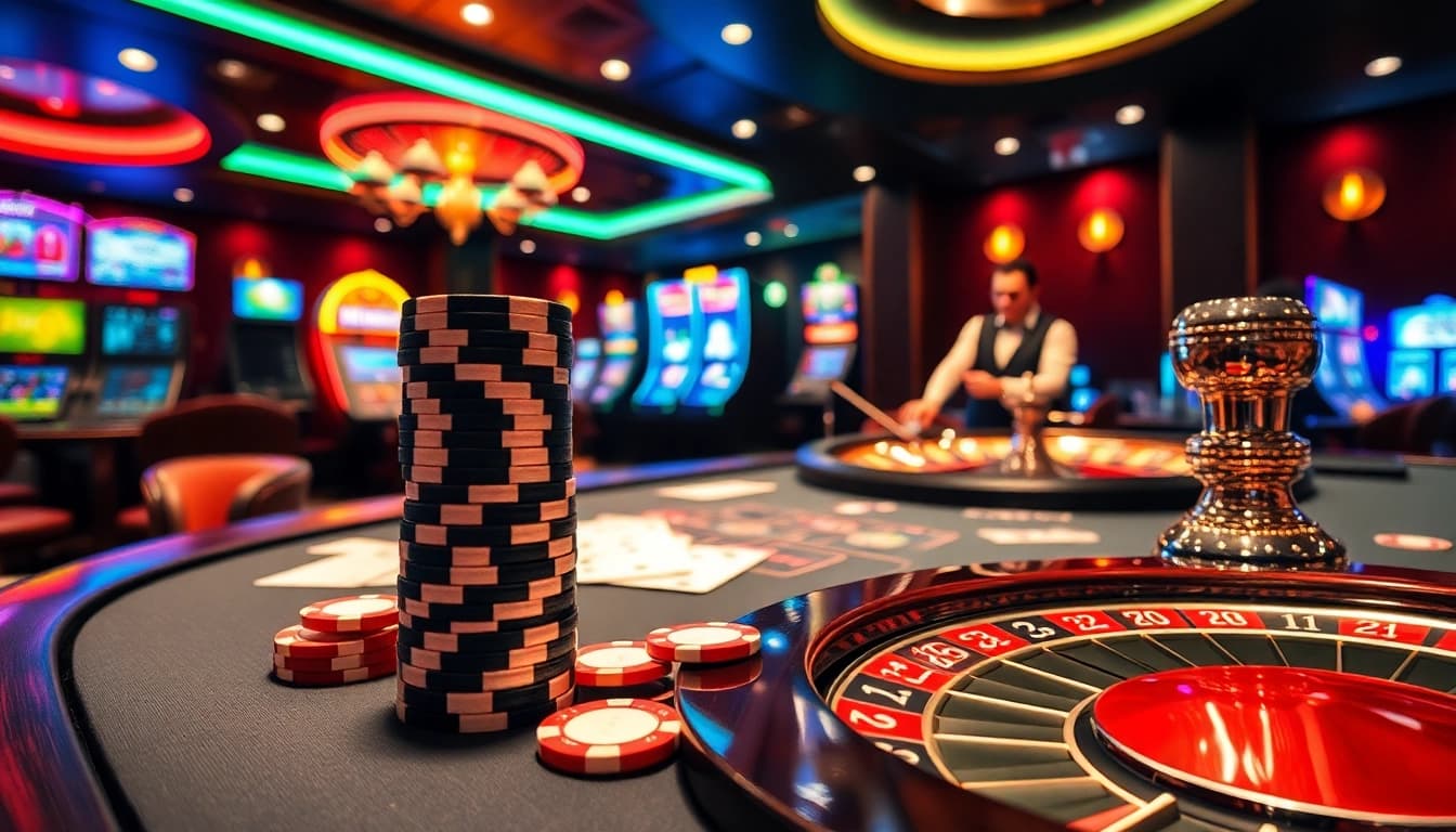 Experience immersive gaming with Thabet's luxurious casino features, poker chips, and roulette.