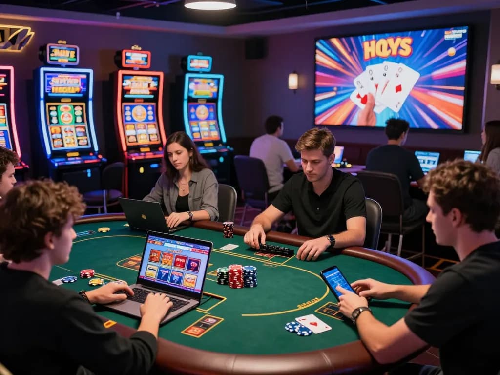 Players enjoying online games at 789f casino, with vibrant screens showing engaging graphics and gaming options.