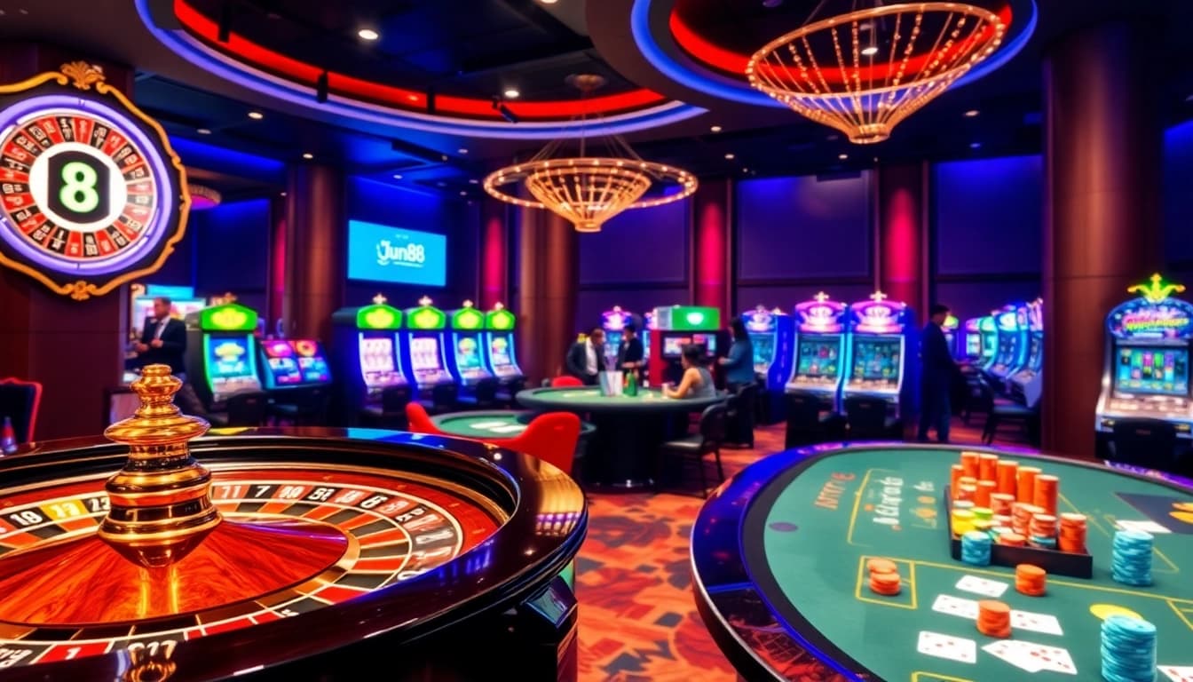 Players enjoying high-stakes games at Jun88's luxurious casino tables with vibrant slot machines.