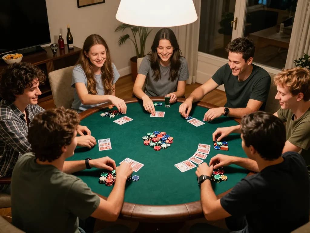 Dewatogel Link Alternatif Login Terbaru in a lively home poker night with friends enjoying the game.