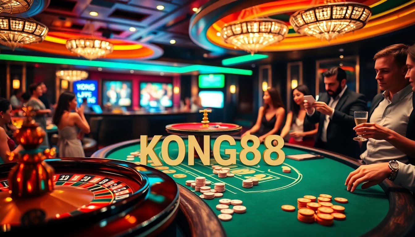 KONG88 enhances a glamorous poker table with vibrant casino action and skilled players.