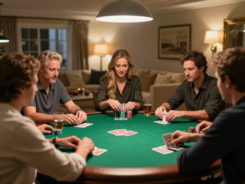 Players enjoying an interactive poker game at home, showcasing official botanicabali along with chips and cards.