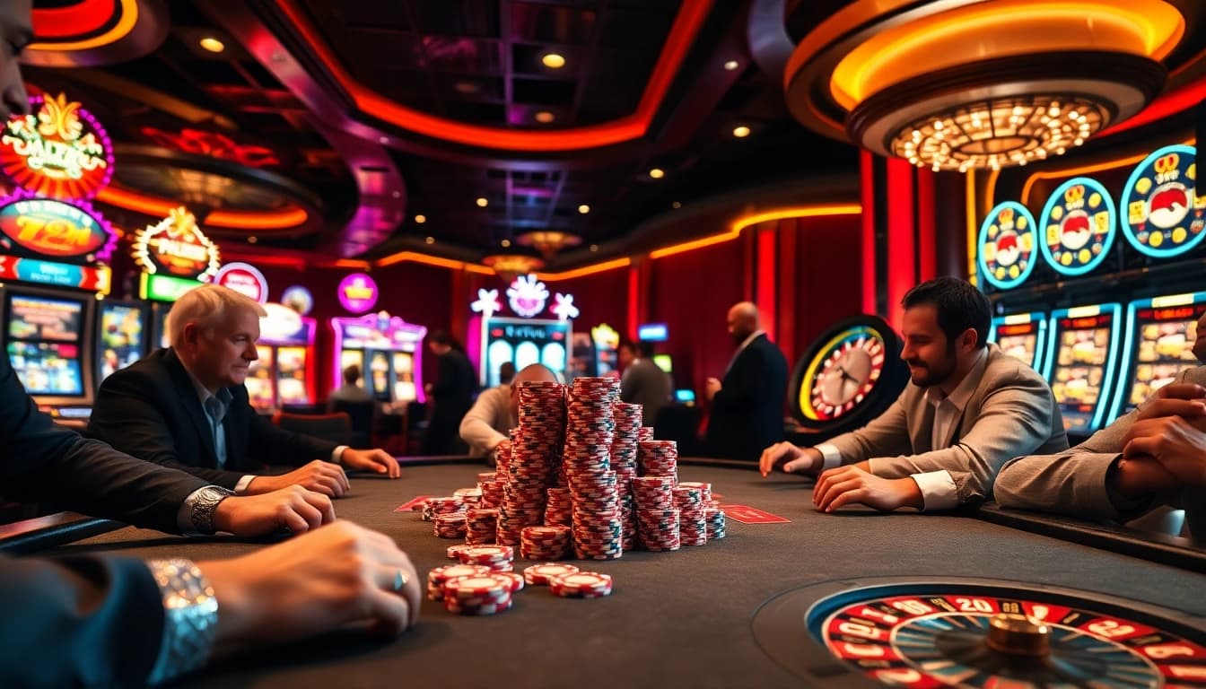 A bustling casino scene with dynamic poker players, high-staked poker chips, and enticing Situs Slot machines in the background.