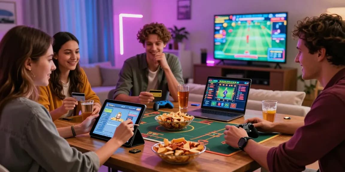 Friends enjoying a game night with casinos that accept credit cards in a stylish living room, showcasing online gaming excitement.
