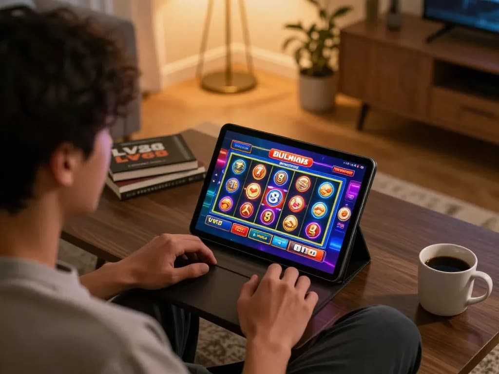 Player immersed in online slots at lv88cha.com in a cozy home environment with warm lighting.