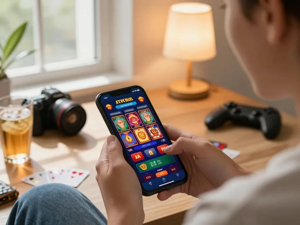 Pemain BOM88 menikmati slot di smartphone sambil bersantai di rumah, menekankan pengalaman gaming mobile.